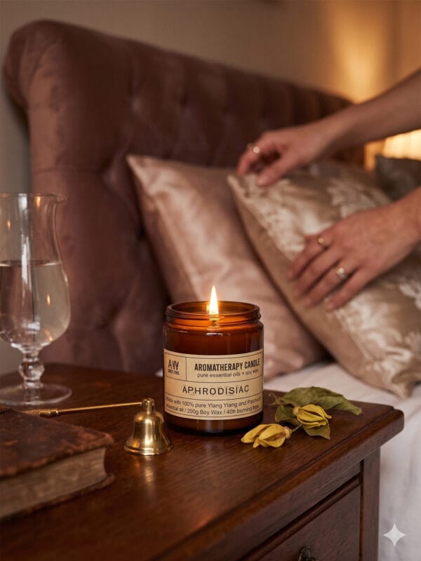 Lit Aphrodisiac Ylang Ylang candle on bedside table with brass snuffer, water glass and yellow flowers.