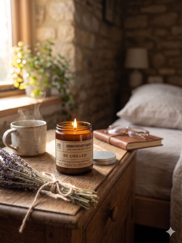Lit Be Chilled lavender candle on bedside table with lavender bundle, steaming mug and book.
