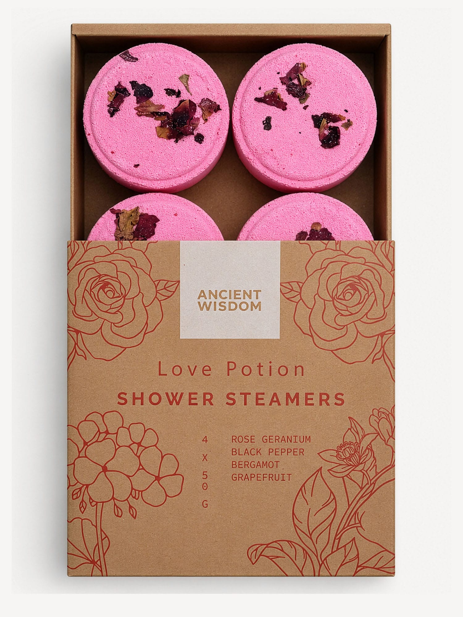 Box of four pink Love Potion shower steamers with dried petals and floral-printed sleeve.