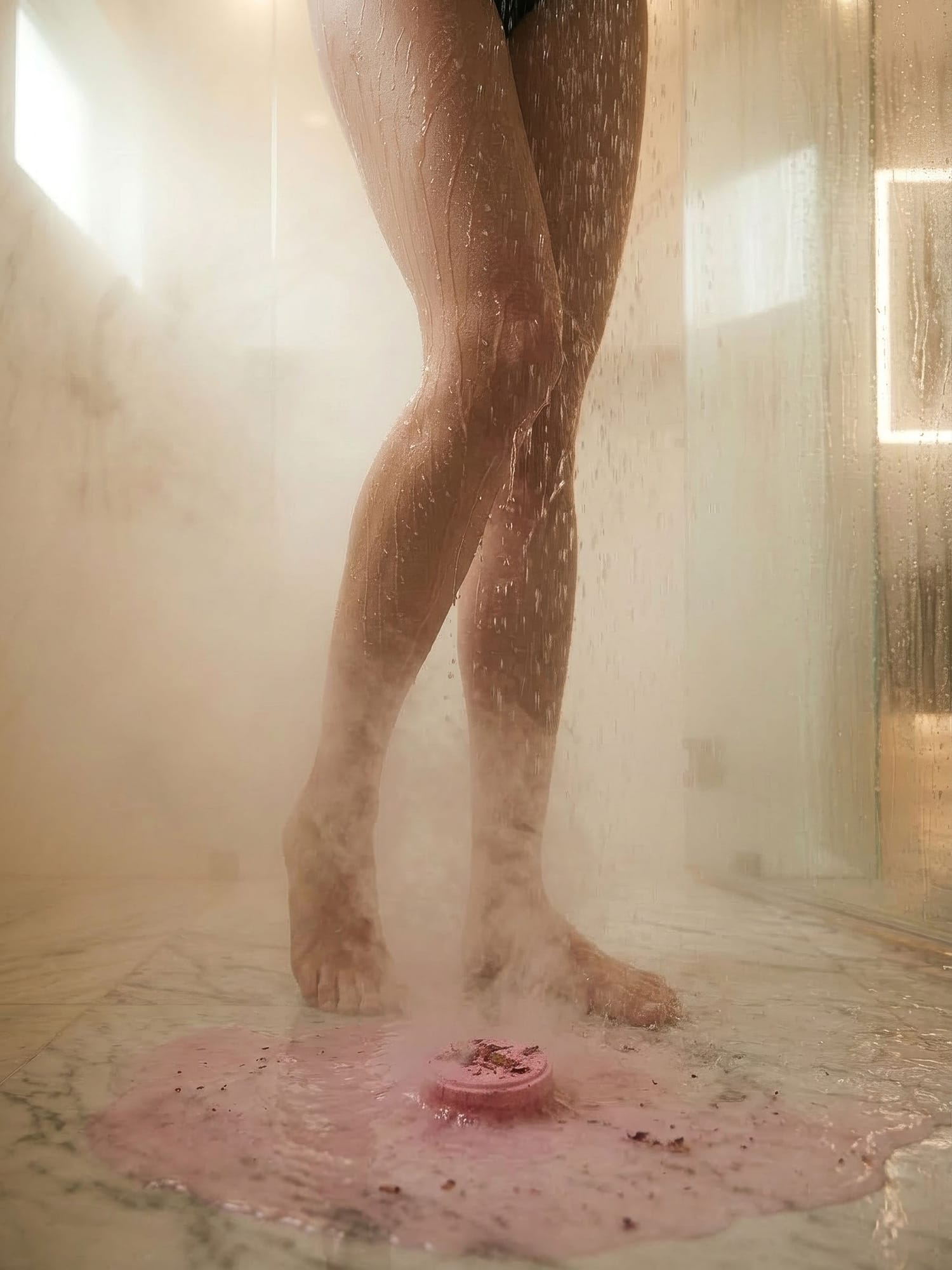 Pink Love Potion steamer fizzing near someone's feet under running shower water.