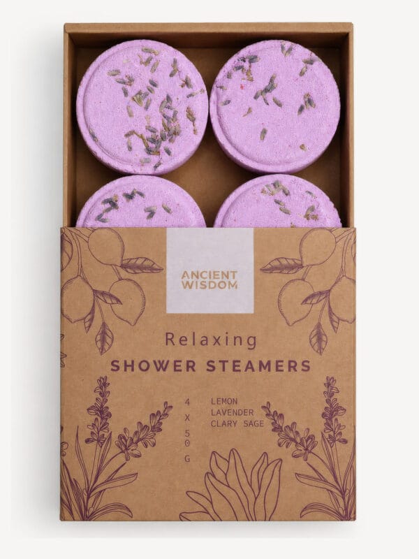 Box of four purple Relaxing shower steamers with dried lavender and botanical printed sleeve.