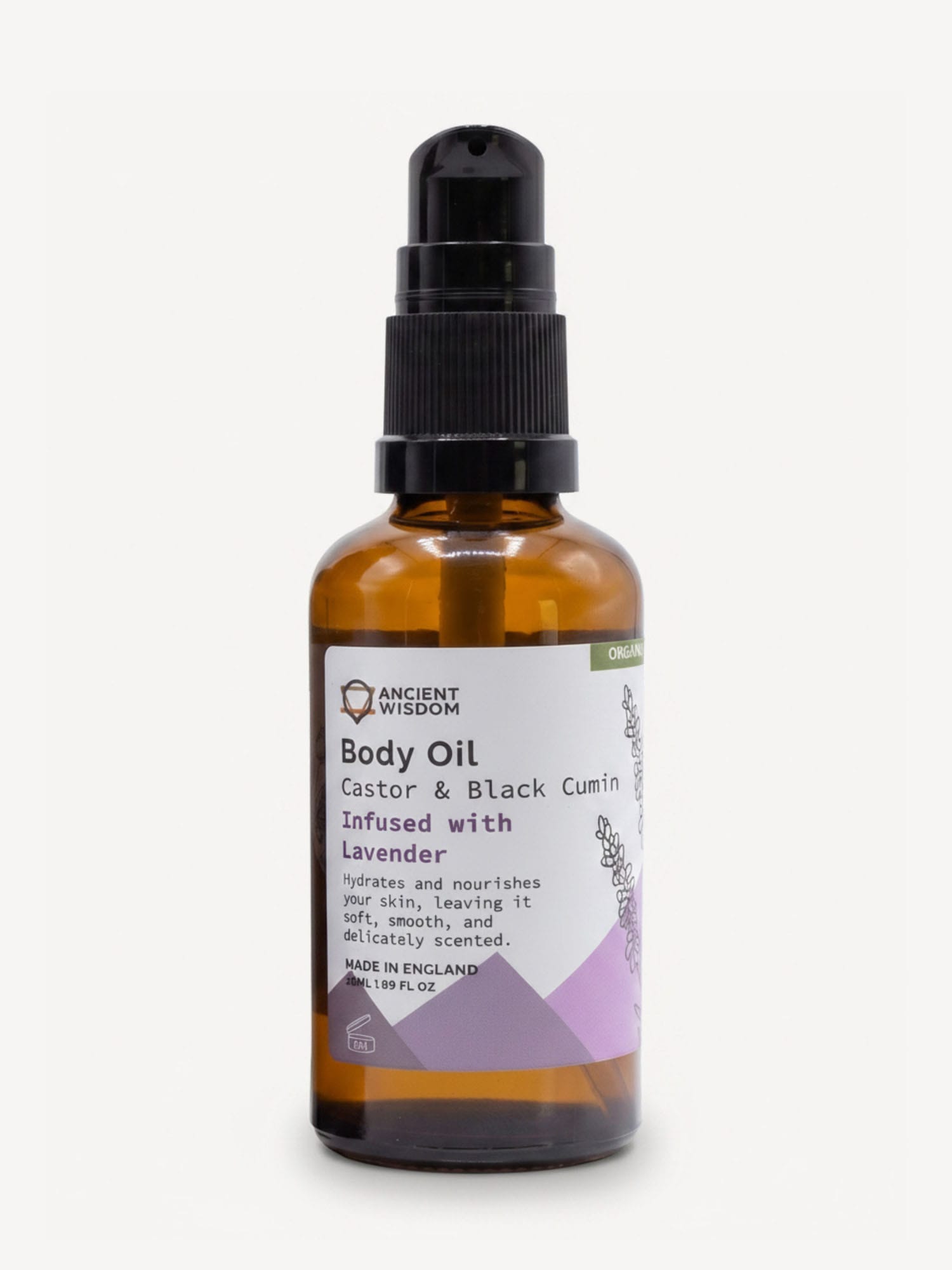 Amber pump bottle of body oil with purple and white label reading Body Oil infused with Lavender.