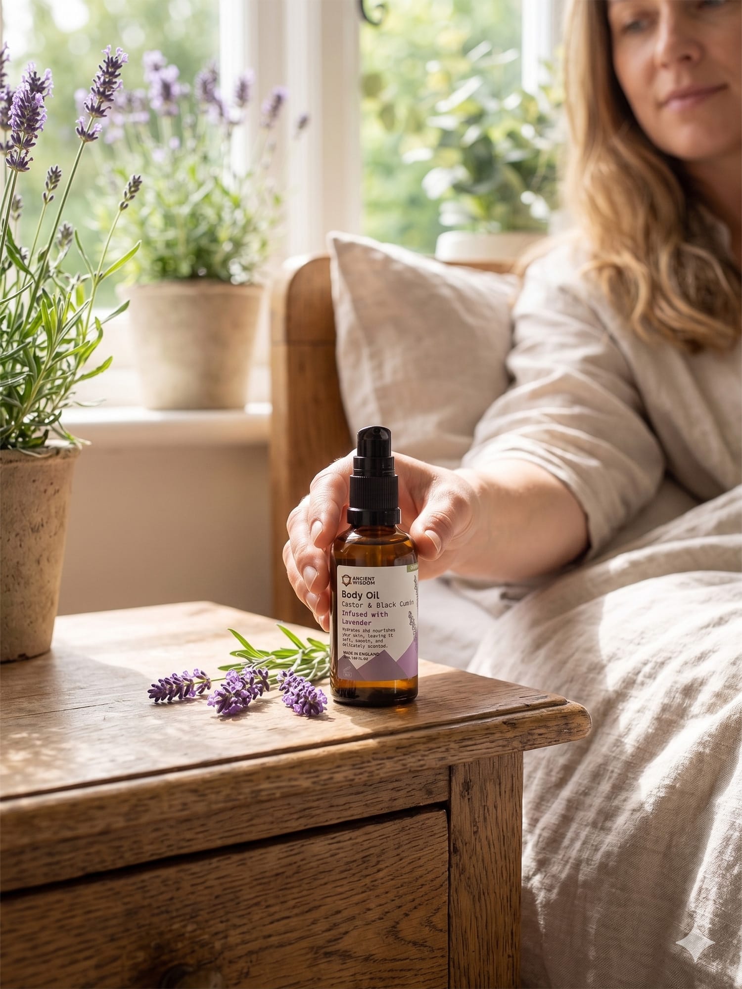 Person reaches for amber Lavender body oil on bedside table with lavender sprig and potted plants.