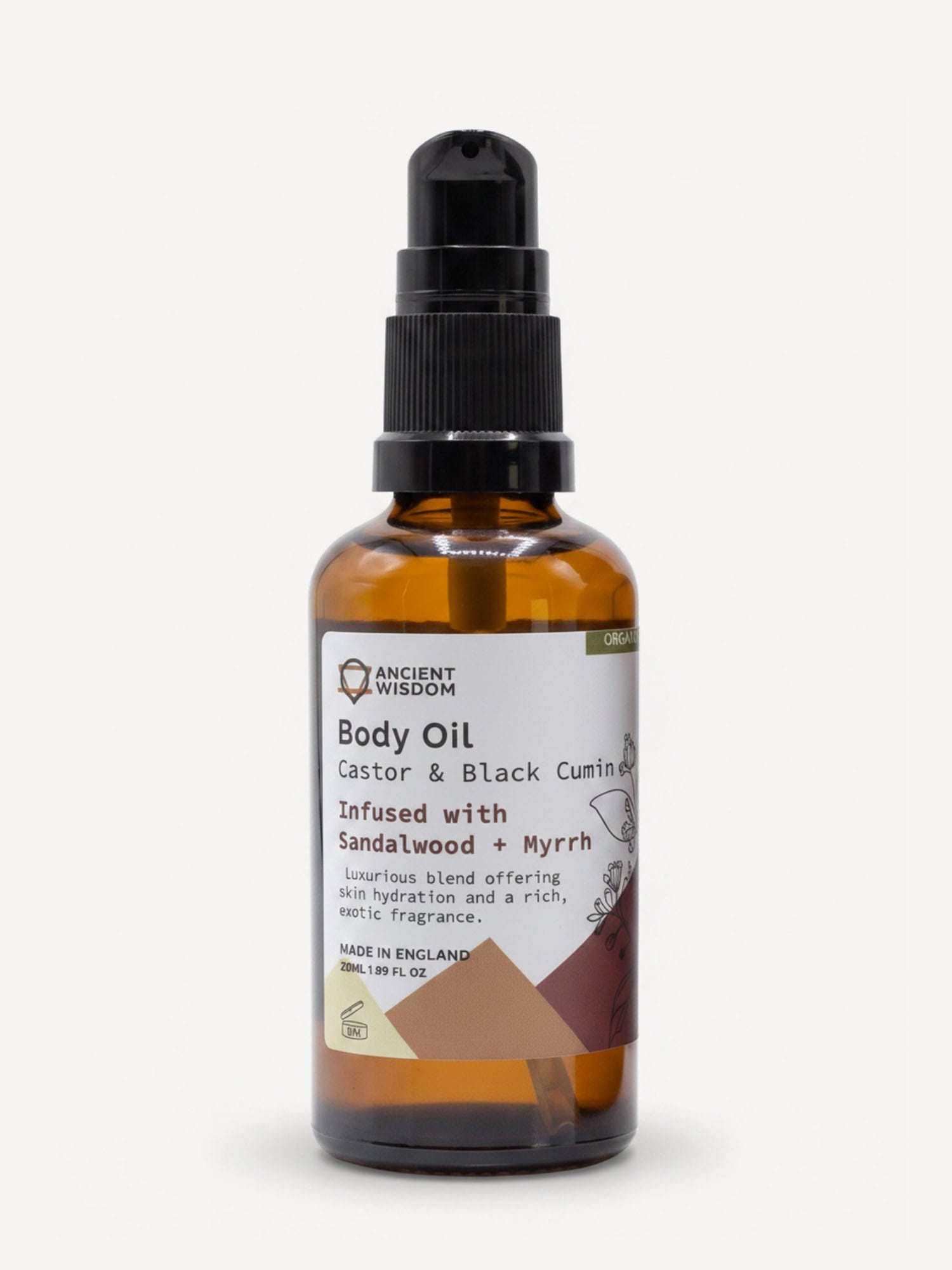 Amber body oil bottle with black pump and white label reading Body Oil infused with Sandalwood and Myrrh.