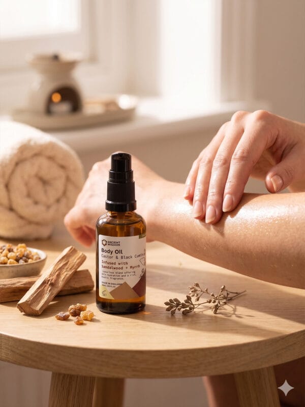 Person applies Sandalwood & Myrrh body oil to forearm beside amber pump bottle, wood chips and resin pieces.