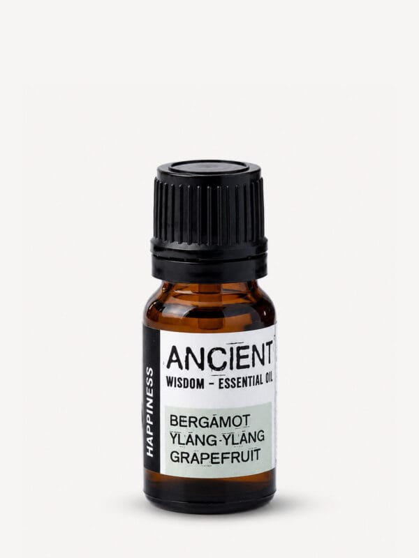Amber bottle of Happiness essential oil blend with black cap and white label listing Bergamot, Ylang Ylang and Grapefruit.