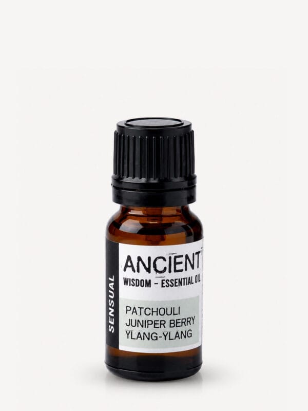 Amber bottle of Sensual Patchouli & Ylang Ylang essential oil blend with black cap and green label.