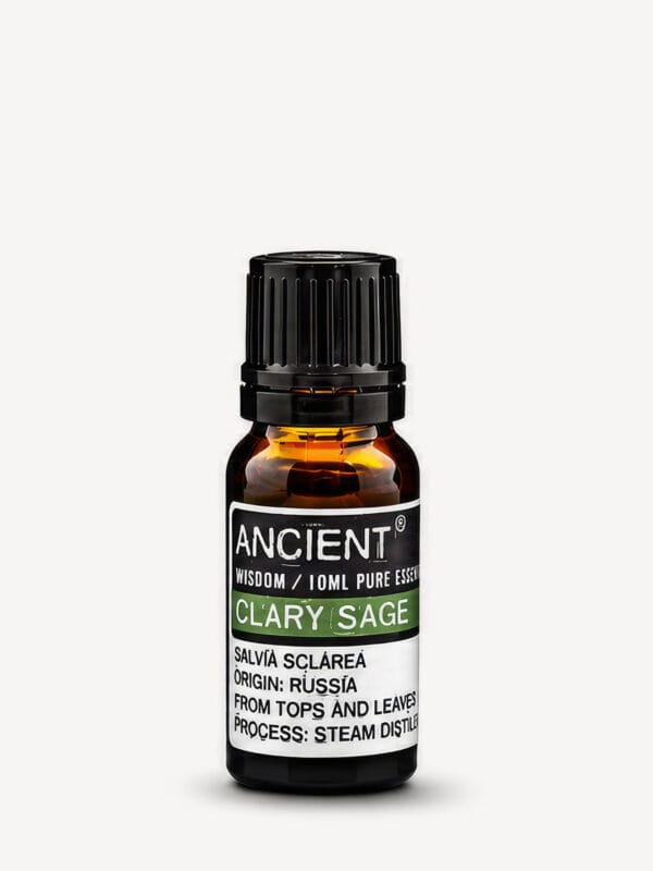 Amber bottle of Clary Sage pure essential oil with black cap and green-banded white label.