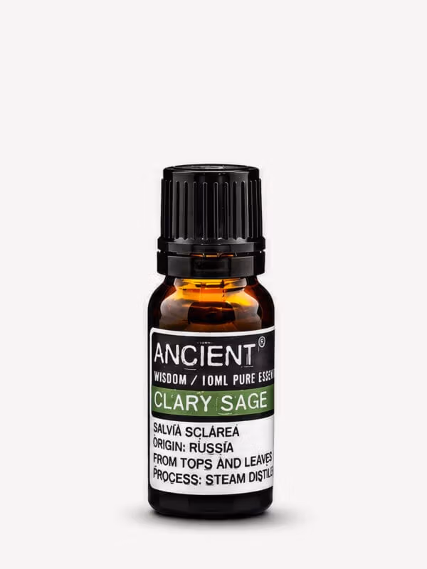 Amber bottle of Clary Sage pure essential oil with black cap and green-banded white label.