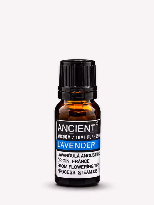 Amber bottle of French Lavender pure essential oil with black cap and blue-banded label.