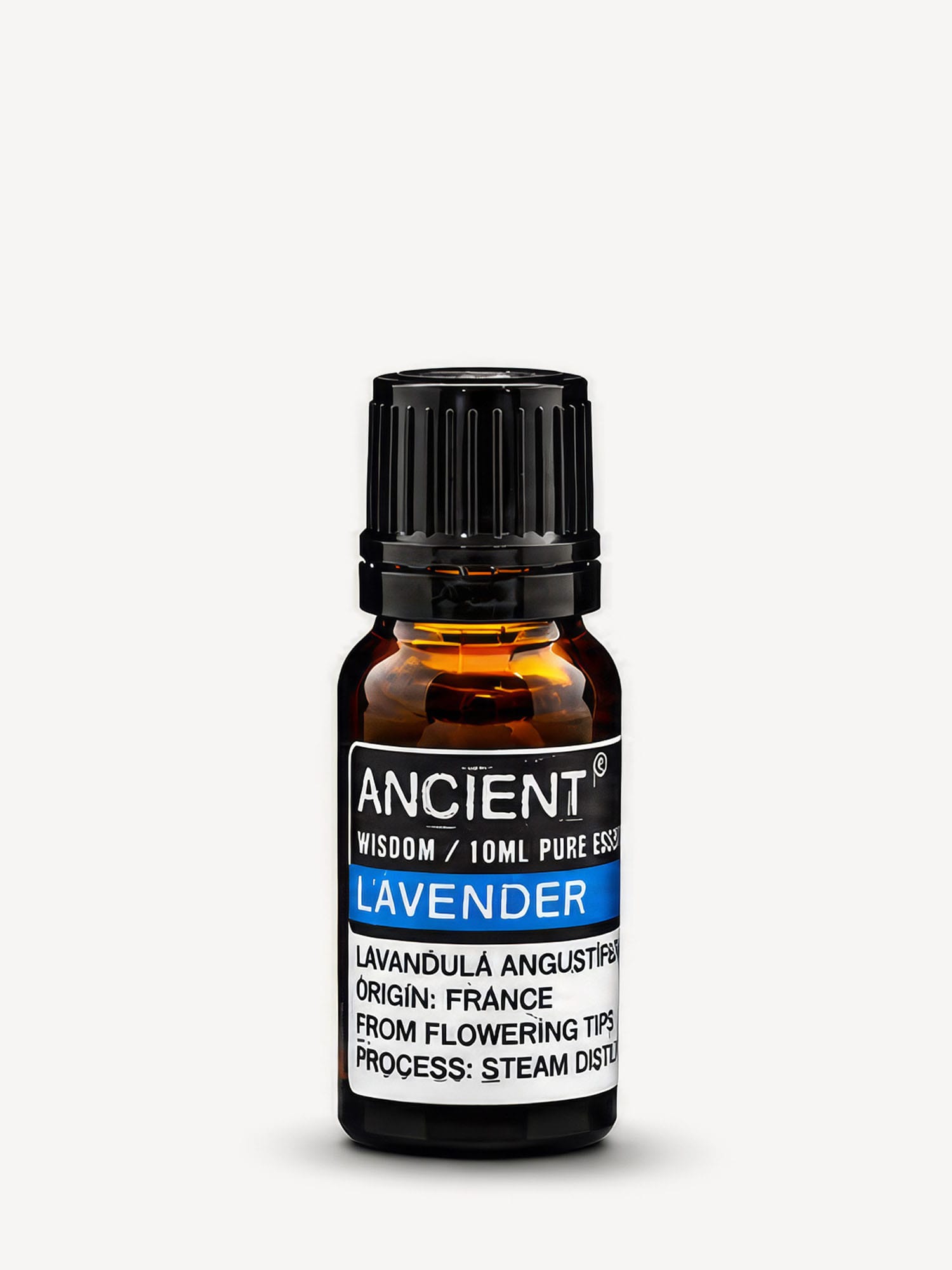 Amber bottle of French Lavender pure essential oil with black cap and blue-banded label.