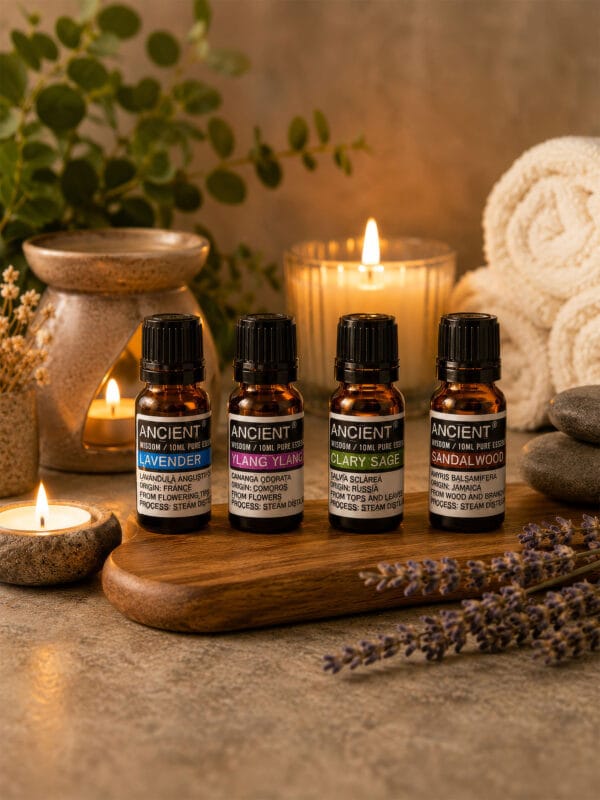 French Lavender essential oil shown with Ylang Ylang, Clary Sage and Sandalwood oils on tray with candles and towels.