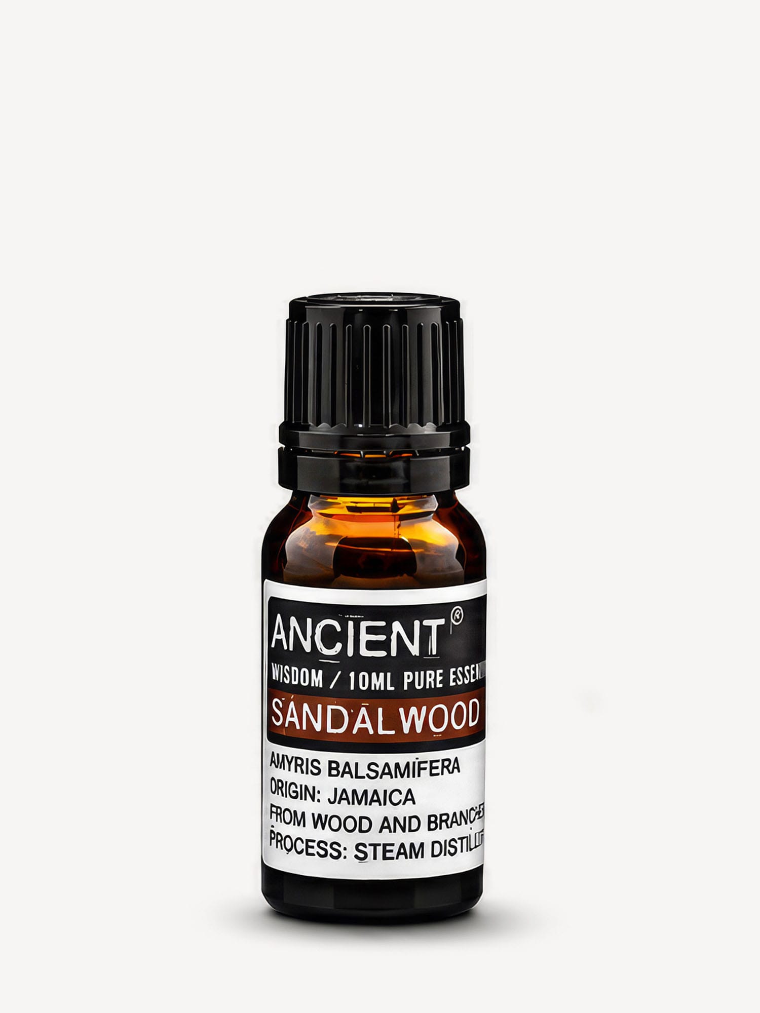 Amber bottle of Amyris Sandalwood pure essential oil with black cap and brown-banded label.