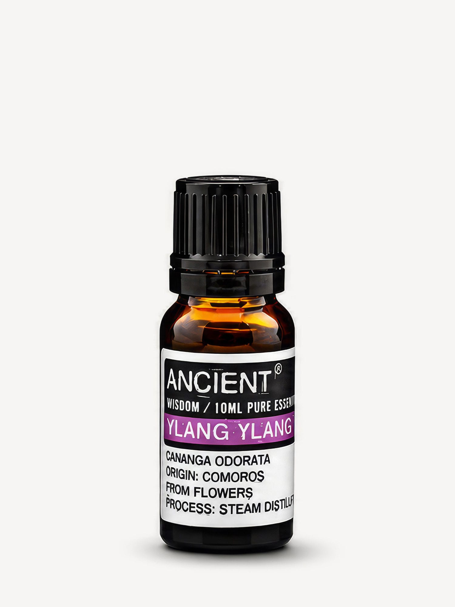 Amber bottle of Ylang Ylang pure essential oil with black cap and purple-banded label.