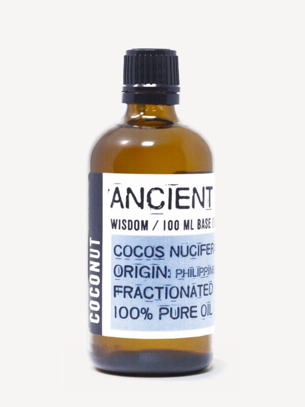 Fractionated Coconut carrier oil amber bottle with black cap and blue label listing Cocos nucifera and pure oil details.