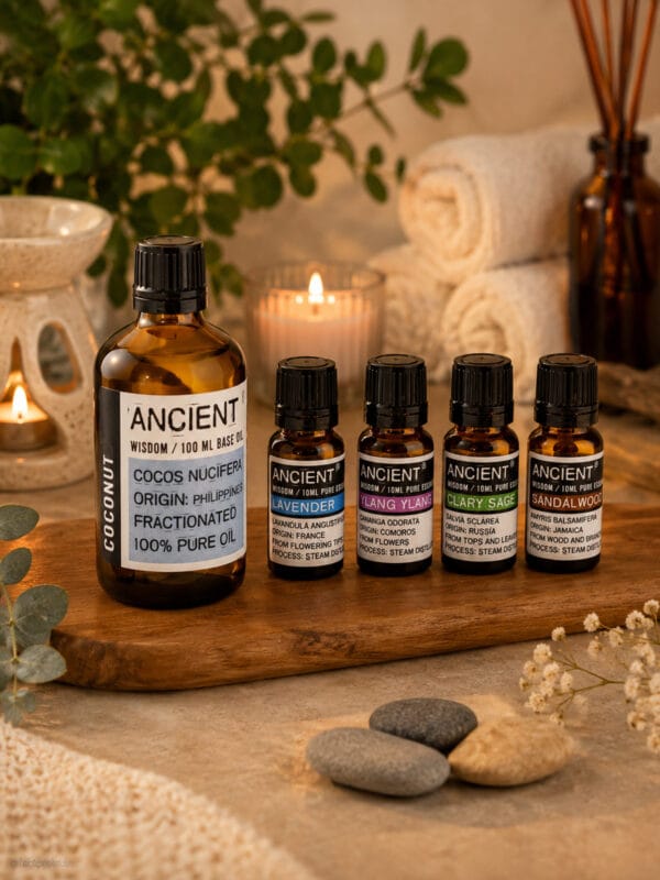 Fractionated Coconut carrier oil bottle with essential oils on wooden board with candle, towels and greenery.