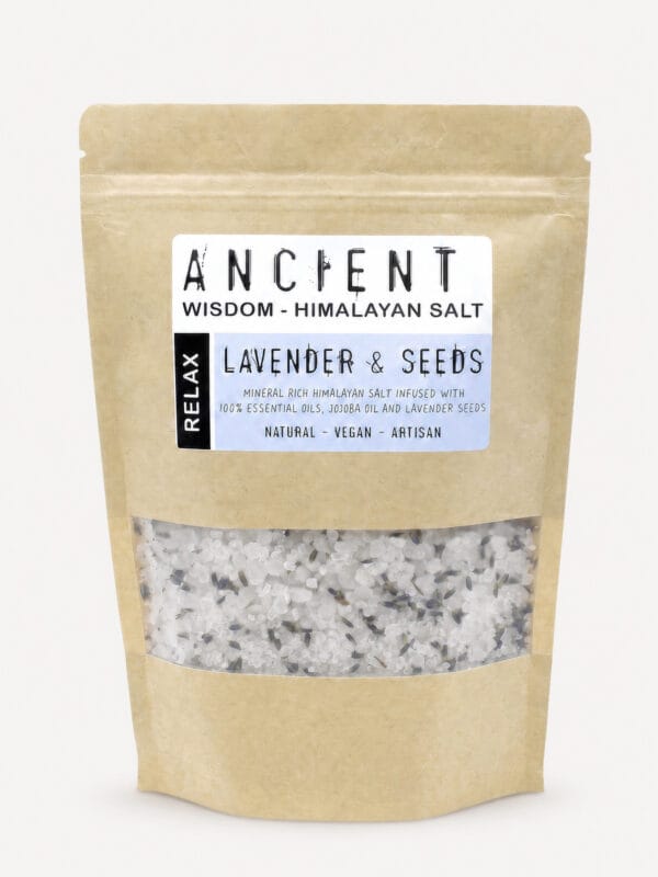 Lavender Moon Himalayan bath salts kraft pouch with clear window showing white salt crystals and lavender seeds.