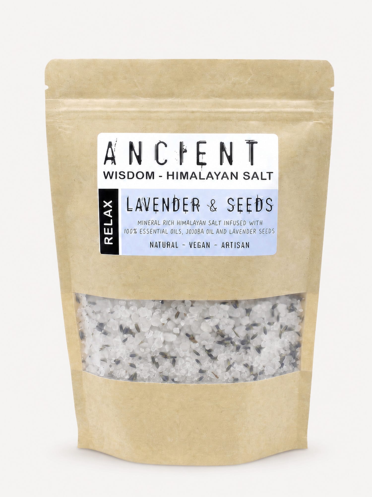 Lavender Moon Himalayan bath salts kraft pouch with clear window showing white salt crystals and lavender seeds.
