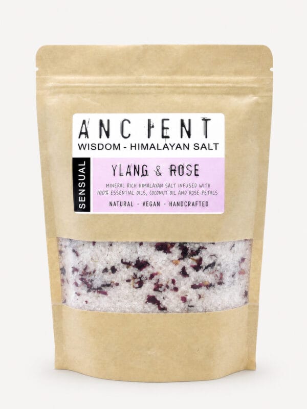 Sensual Rose & Ylang Ylang Himalayan bath salts kraft pouch with clear window of white salt and rose petals.