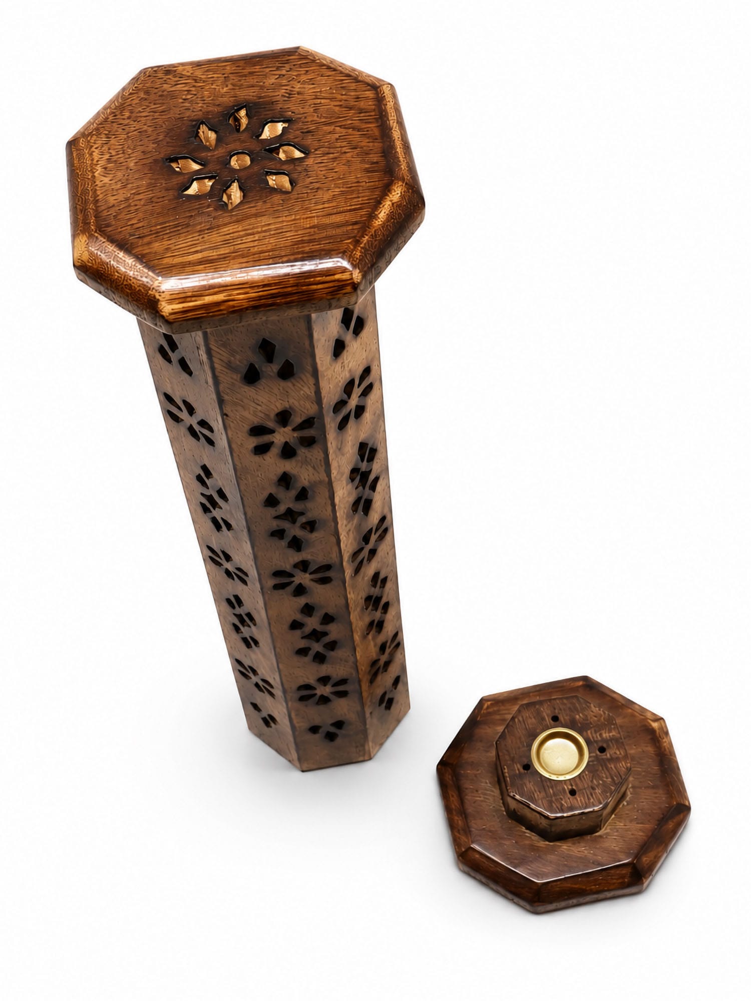 Hexagonal incense tower with carved flower lid and separate base containing brass incense holder.