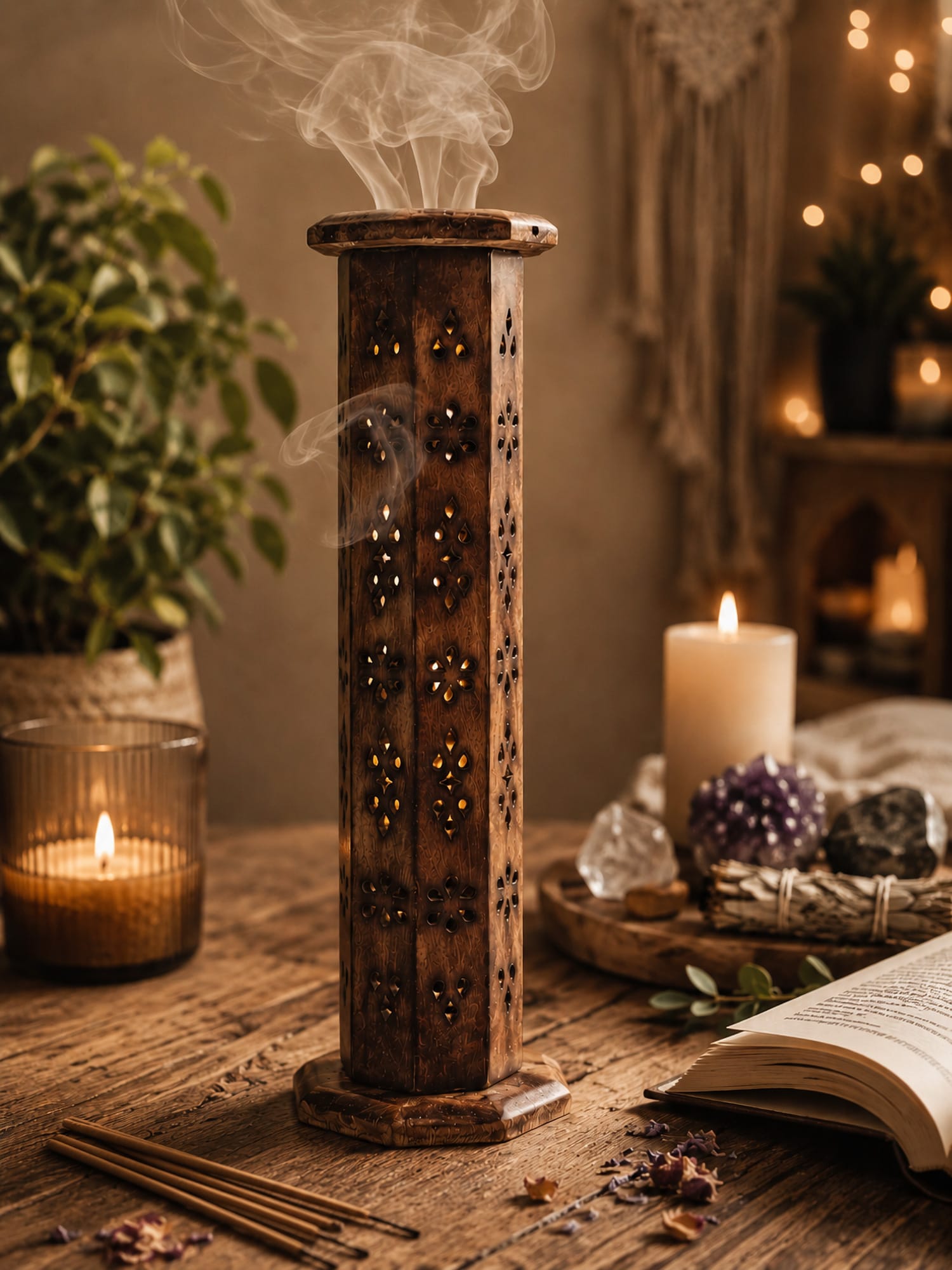 Hexagonal mango wood incense tower burning incense on table with candles, crystals, dried petals and book.