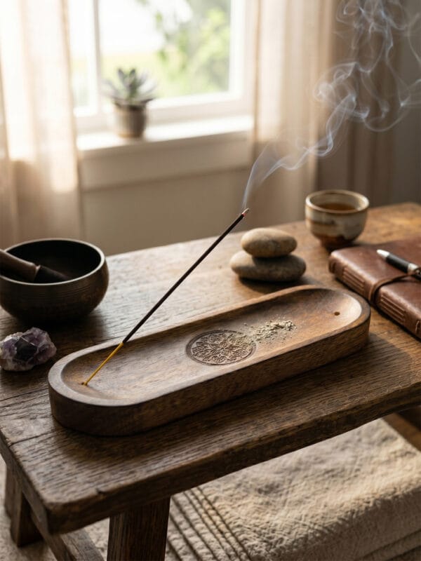 Mandala wood incense tray with burning incense on rustic bench, surrounded by crystal, stones, tea and journal.