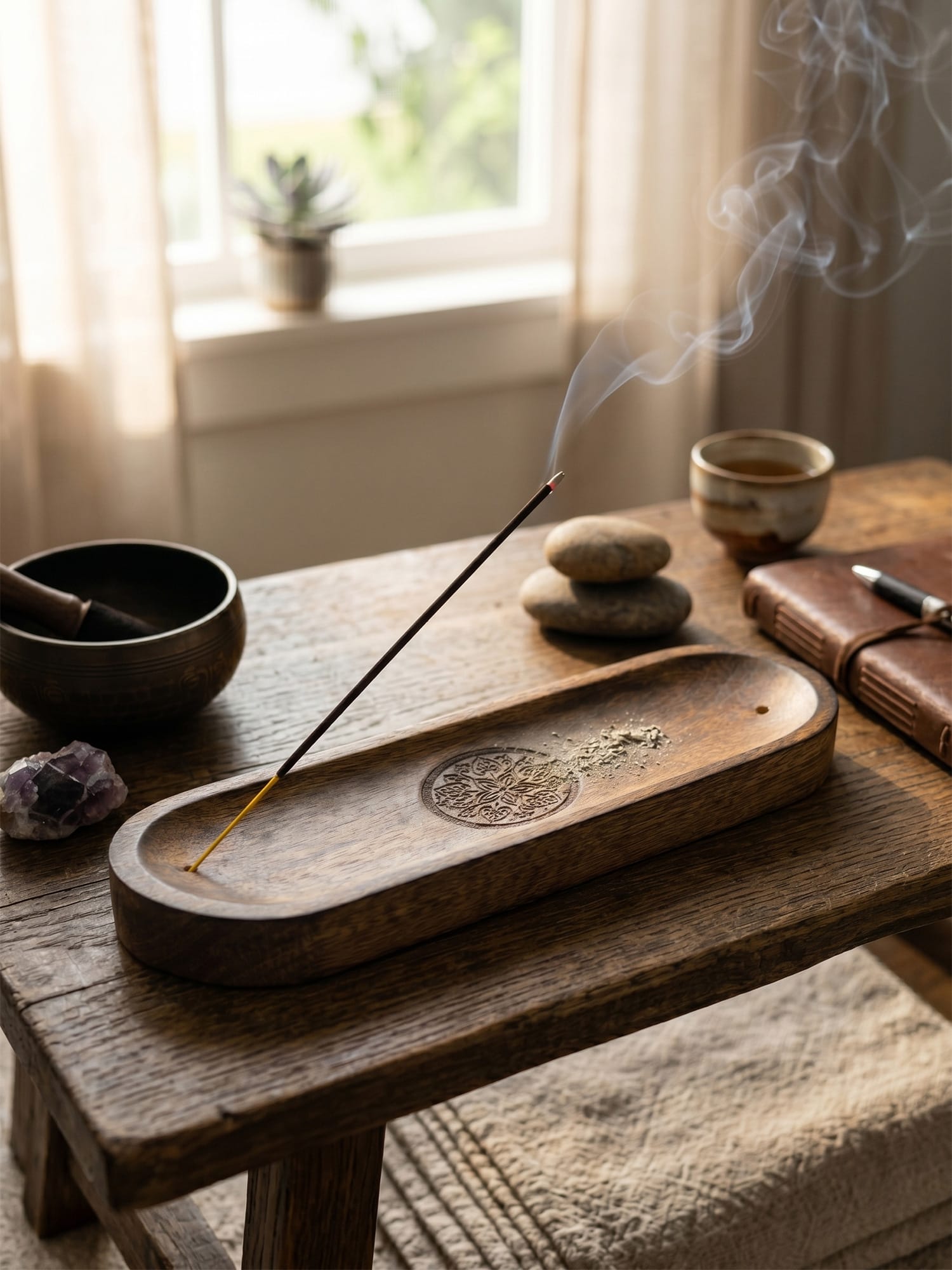 Mandala wood incense tray with burning incense on rustic bench, surrounded by crystal, stones, tea and journal.