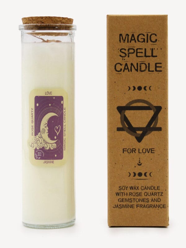 Rose Quartz & Jasmine Love Ritual Candle in glass jar with moon label beside brown Magic Spell Candle box.