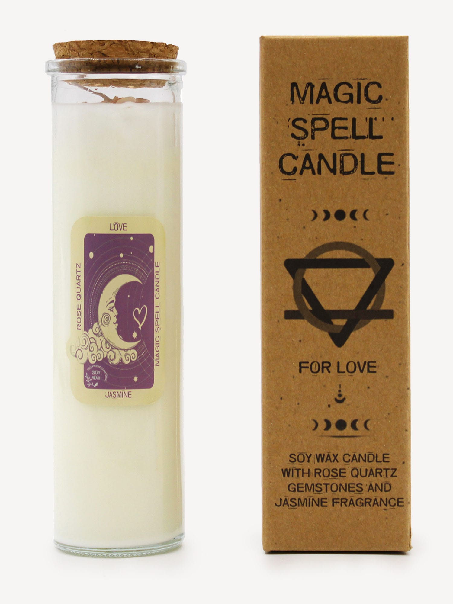 Rose Quartz & Jasmine Love Ritual Candle in glass jar with moon label beside brown Magic Spell Candle box.