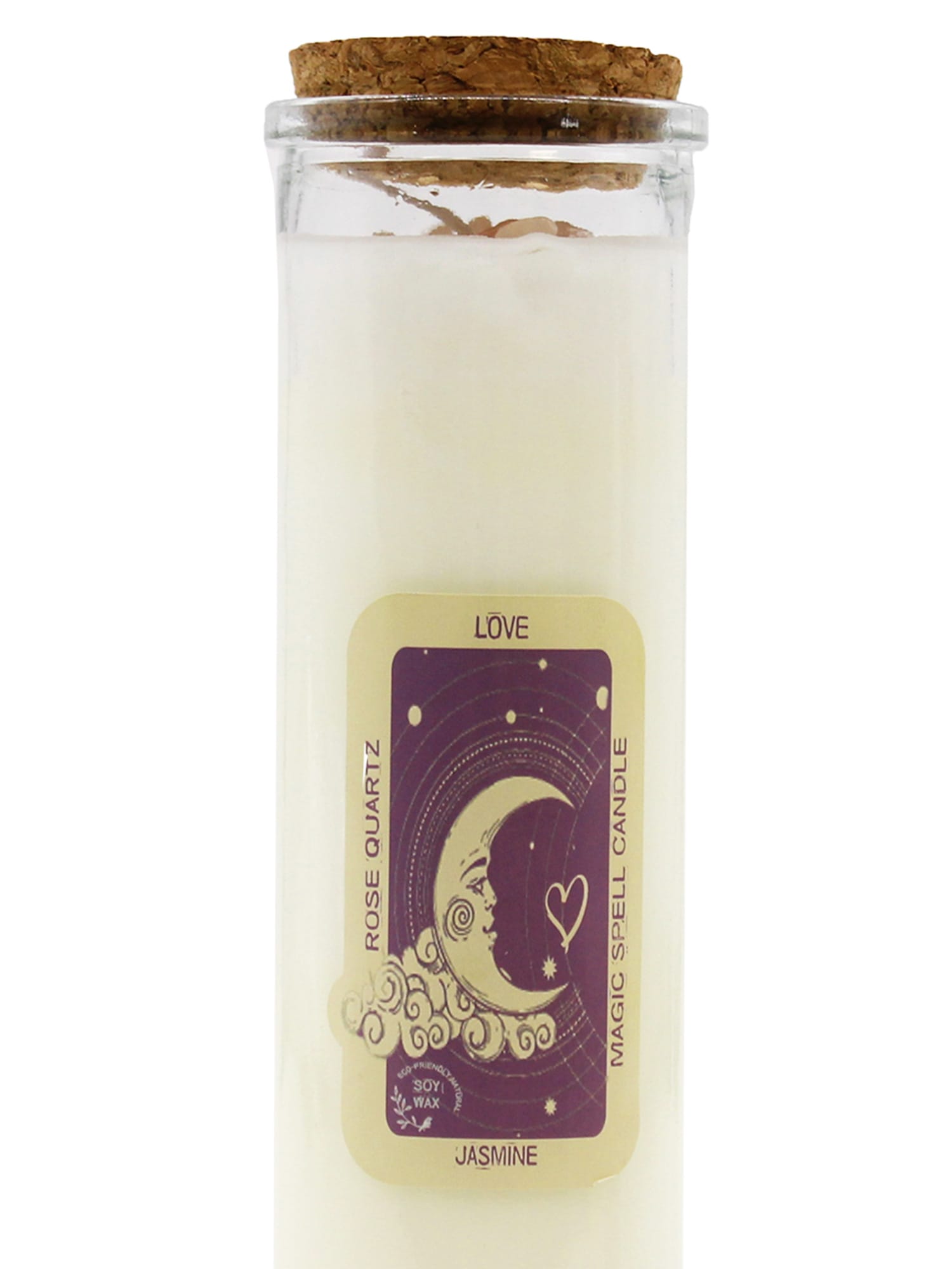 Close-up of Rose Quartz & Jasmine Love Ritual Candle label with purple moon, clouds and stars.