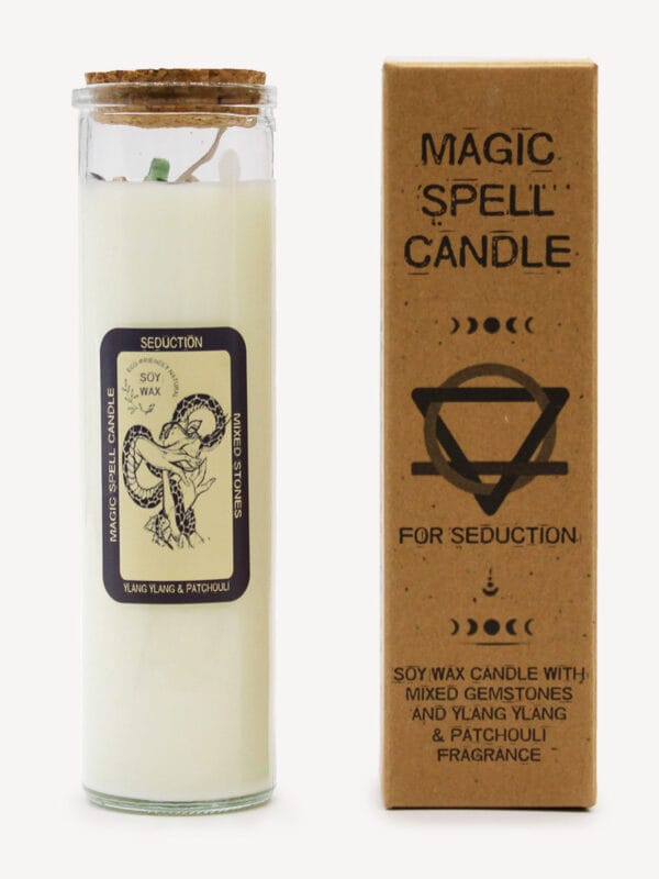 Seduction & Passion Gemstone Ritual Candle in glass jar with snake label next to kraft box.