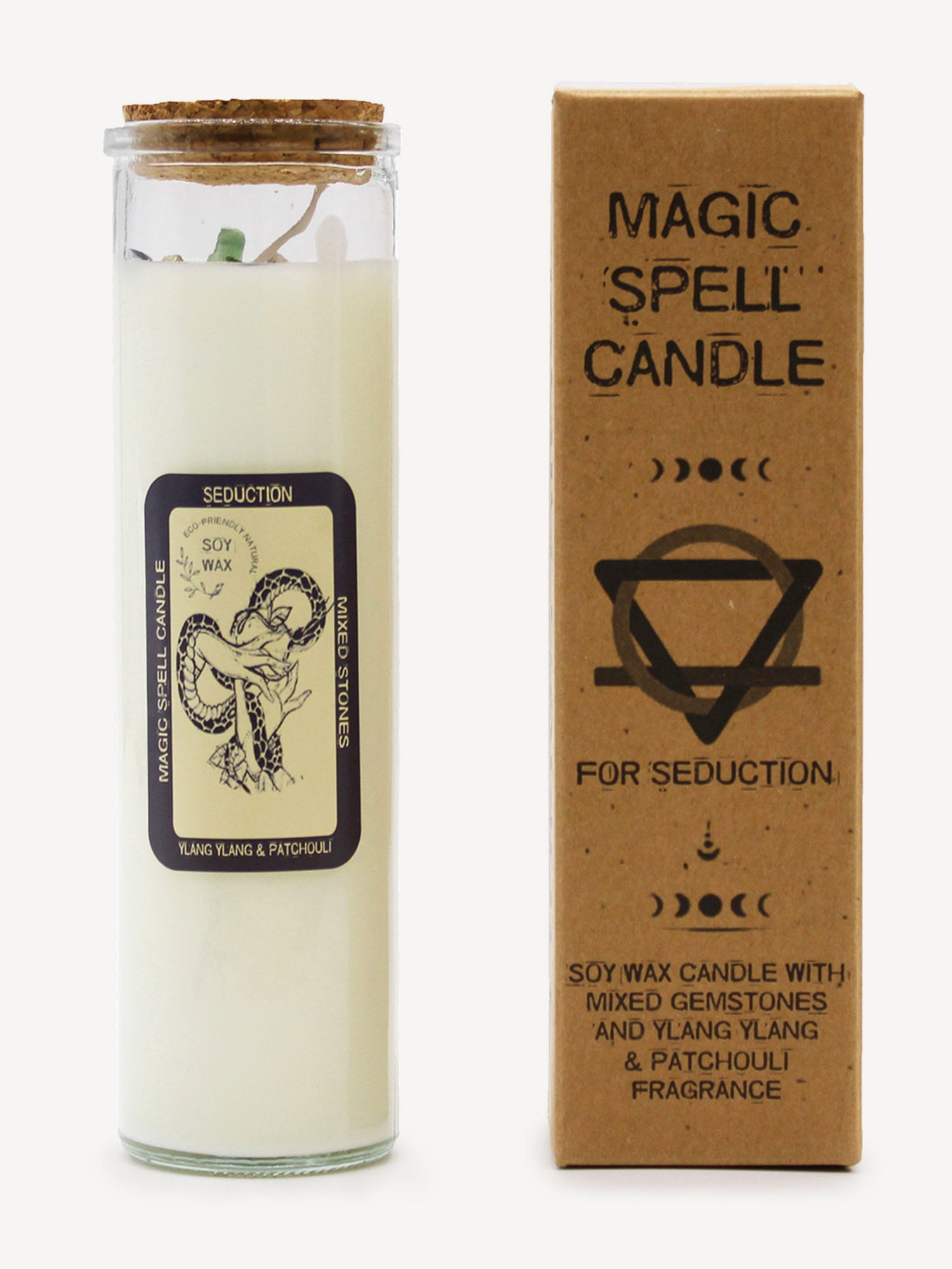 Seduction & Passion Gemstone Ritual Candle in glass jar with snake label next to kraft box.