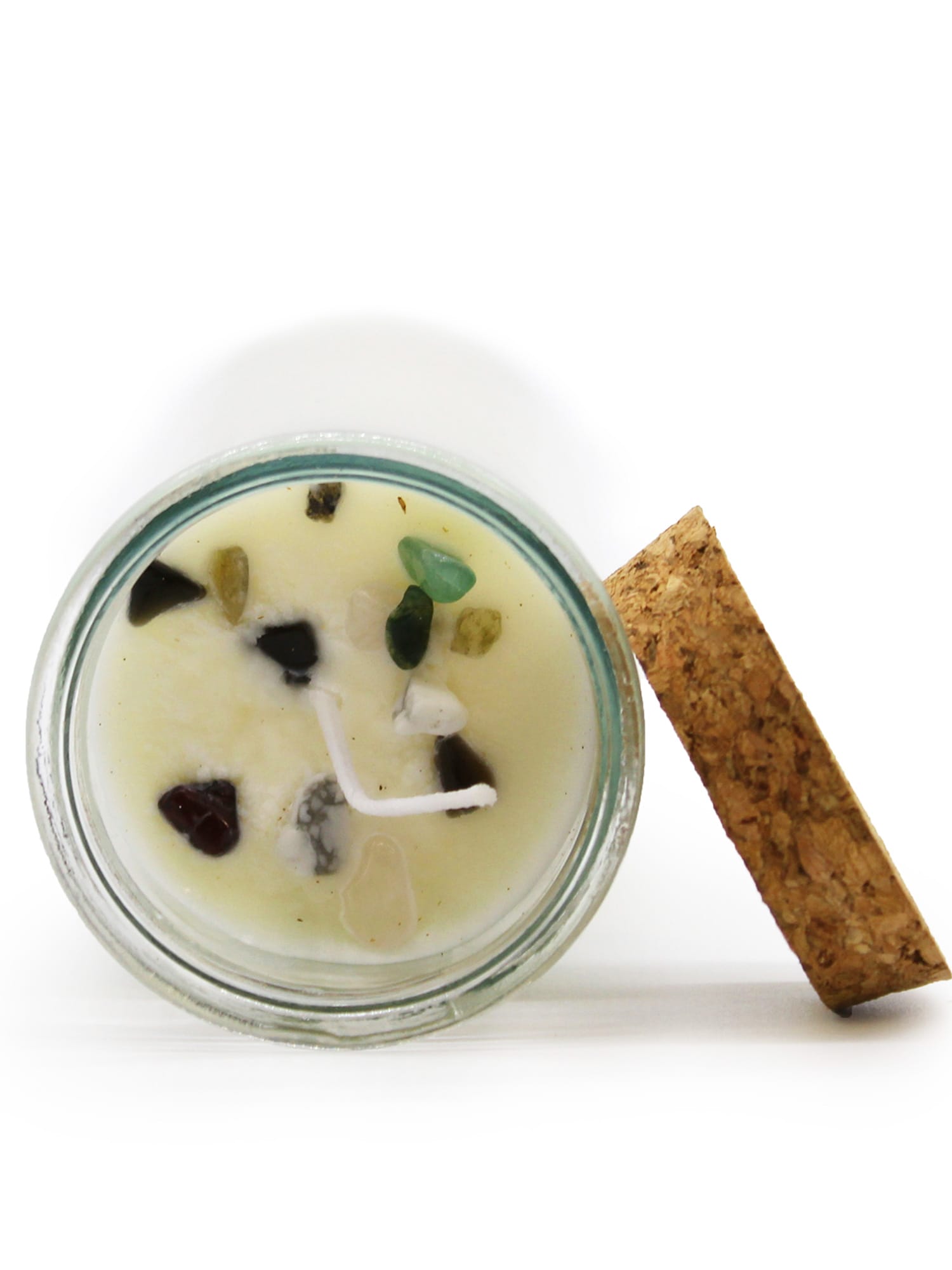 Top of Seduction & Passion Ritual Candle showing mixed gemstones in soy wax around the wick.
