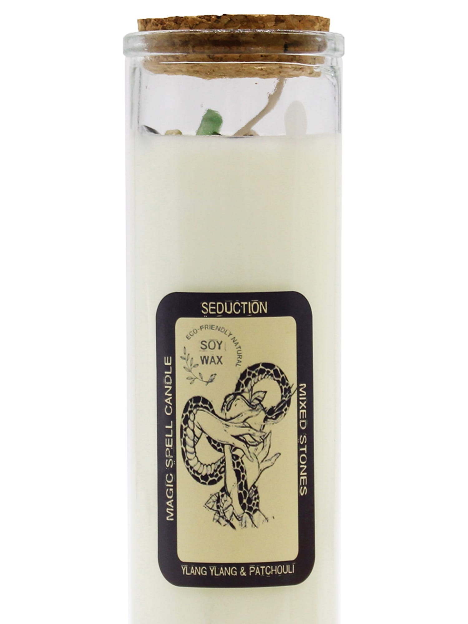 Close-up of Seduction & Passion candle label with intertwined snake illustration and eco-friendly soy wax text.