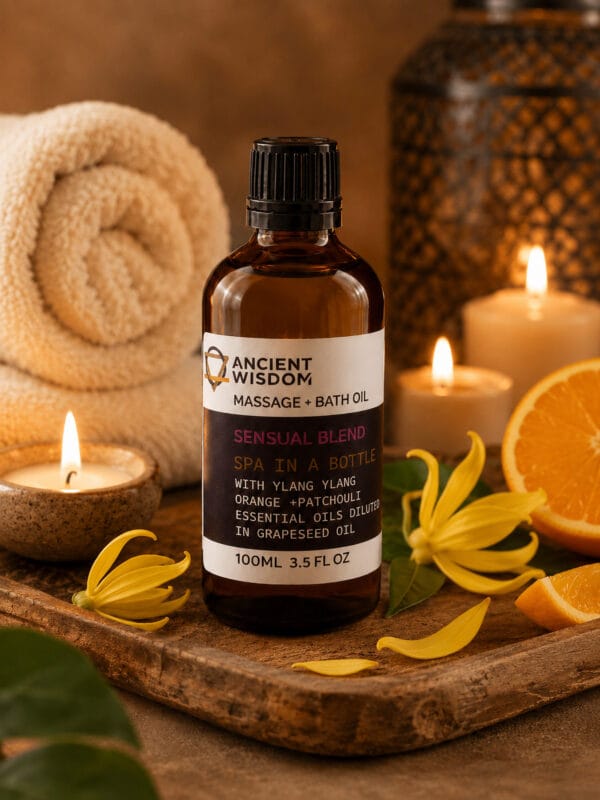Sensual Massage Oil bottle on wooden tray with ylang ylang petals, orange slices, towel and lit candle.