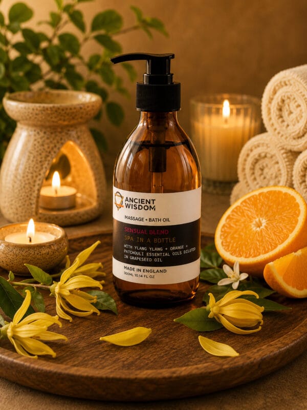 Sensual Massage & Bath Oil pump bottle on tray with ylang ylang blossoms, orange slices and lit candles.