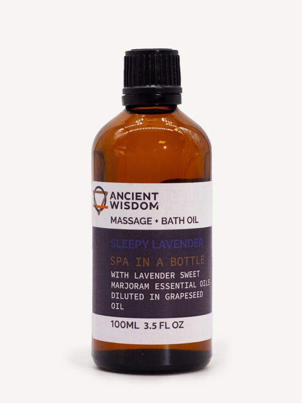 Sleepy Lavender Massage Oil in amber bottle with black cap and purple label noting lavender and marjoram.