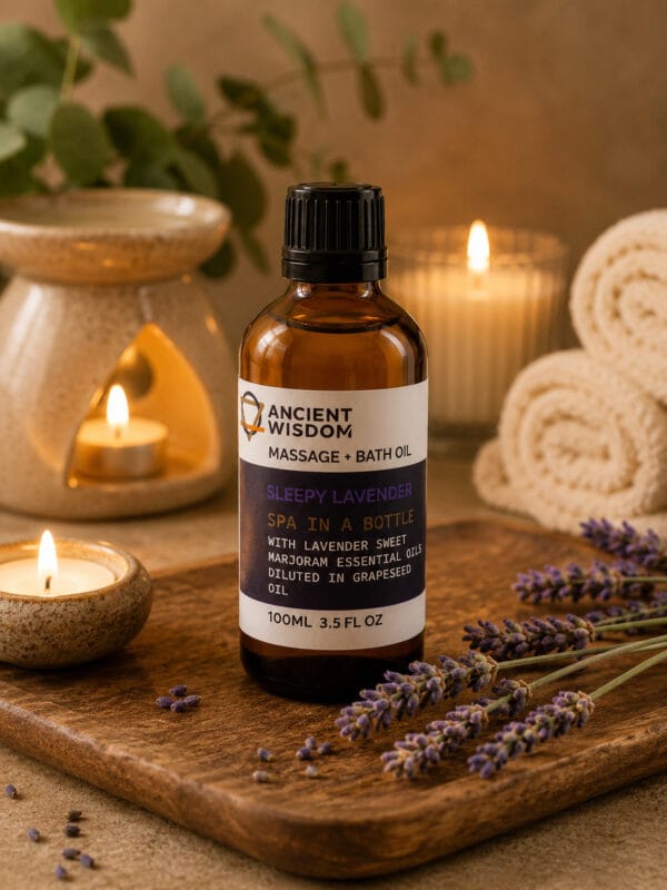 Sleepy Lavender Massage Oil on tray with fresh lavender sprigs, candles, eucalyptus and rolled towels.