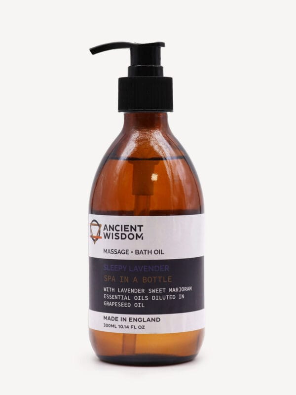 Sleepy Lavender Massage & Bath Oil in large amber pump bottle with black dispenser and purple label.