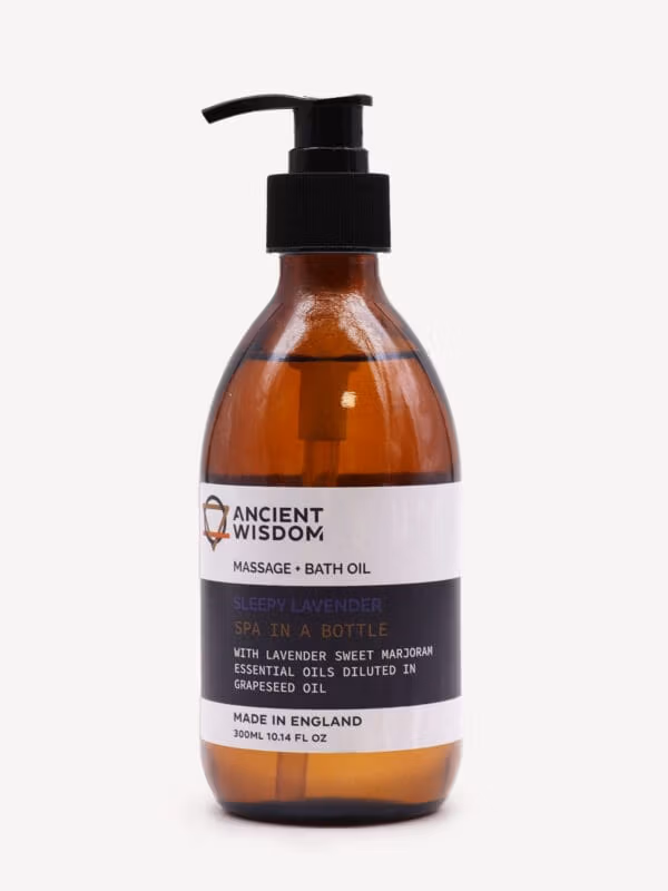 Sleepy Lavender Massage & Bath Oil in large amber pump bottle with black dispenser and purple label.