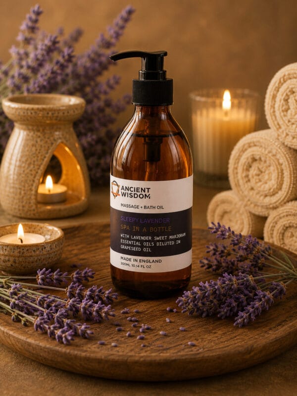 Sleepy Lavender pump bottle on tray surrounded by fresh lavender flowers, candles and rolled towels.