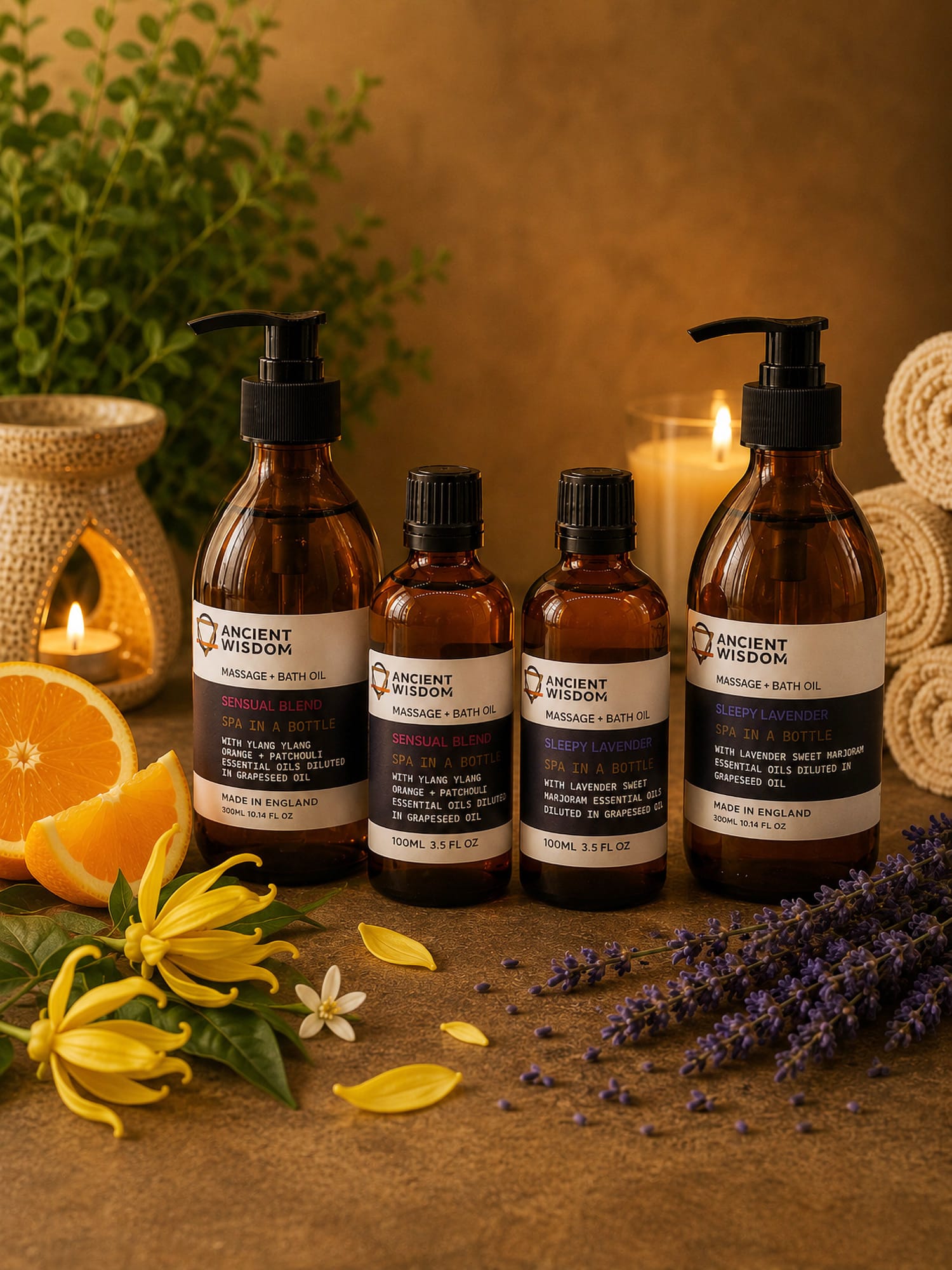 Assorted Massage & Bath Oils with ylang ylang petals, orange slices and lavender sprigs in spa setting.