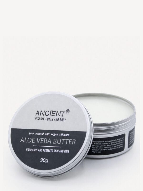 Aloe Vera & Coconut body butter tin open to show white butter, lid reads Ancient Wisdom Aloe Vera Butter 90g.