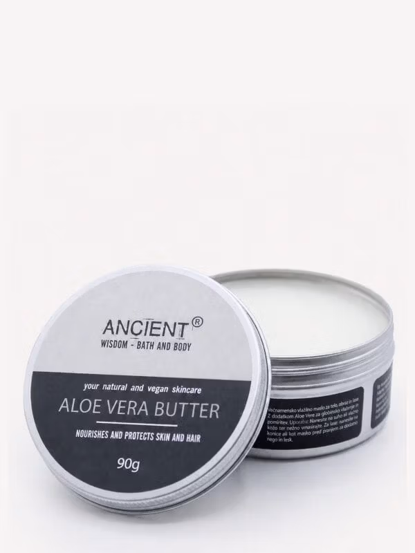 Aloe Vera & Coconut body butter tin open to show white butter, lid reads Ancient Wisdom Aloe Vera Butter 90g.