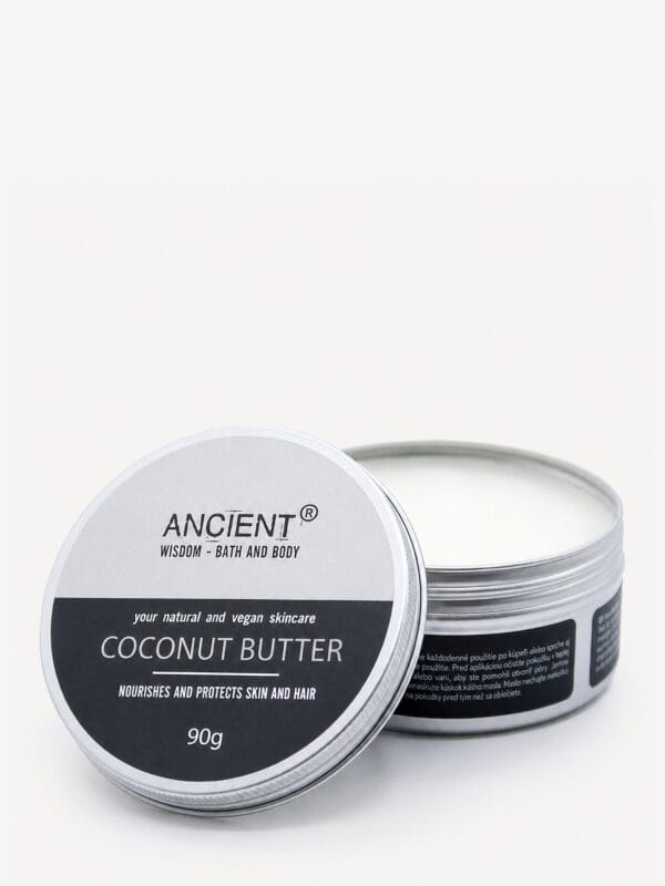 Pure Coconut body butter tin open with lid tilted showing creamy butter and product label.