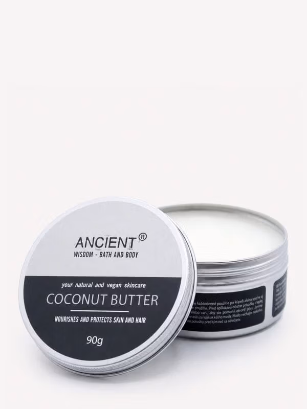 Pure Coconut body butter tin open with lid tilted showing creamy butter and product label.