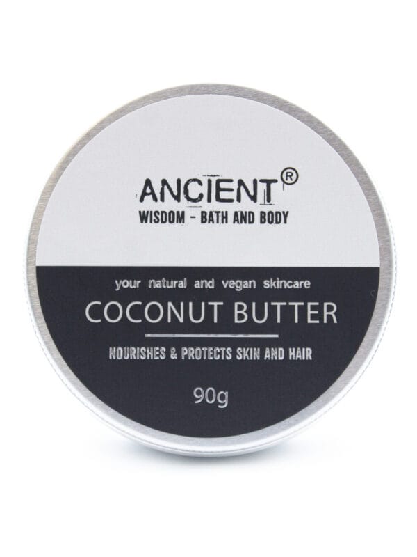 Lid of Pure Coconut Body Butter tin with Ancient Wisdom logo and product description.