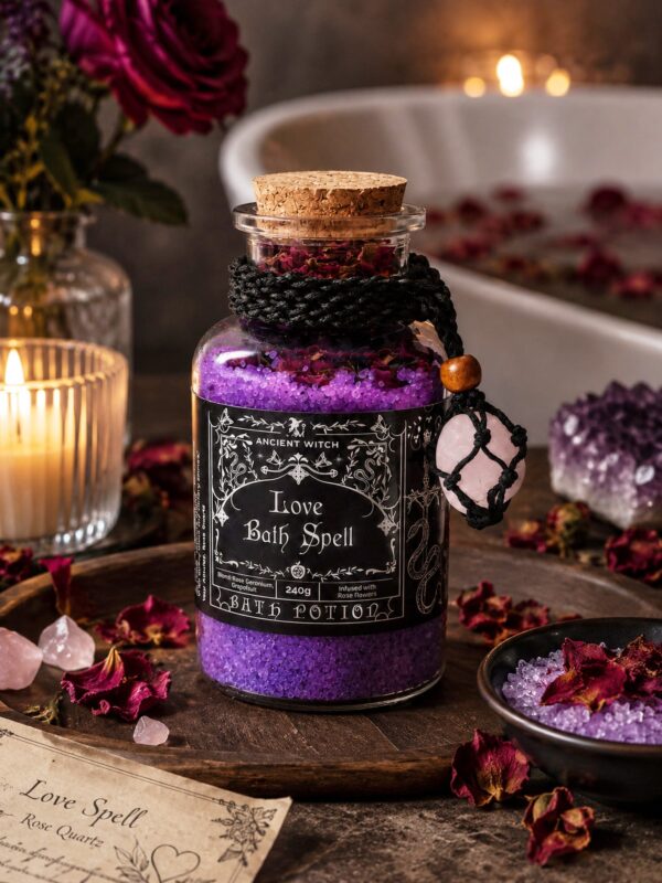Love Bath Ritual jar with purple salts amid rose petals, rose quartz, candle and rose by a bathtub.