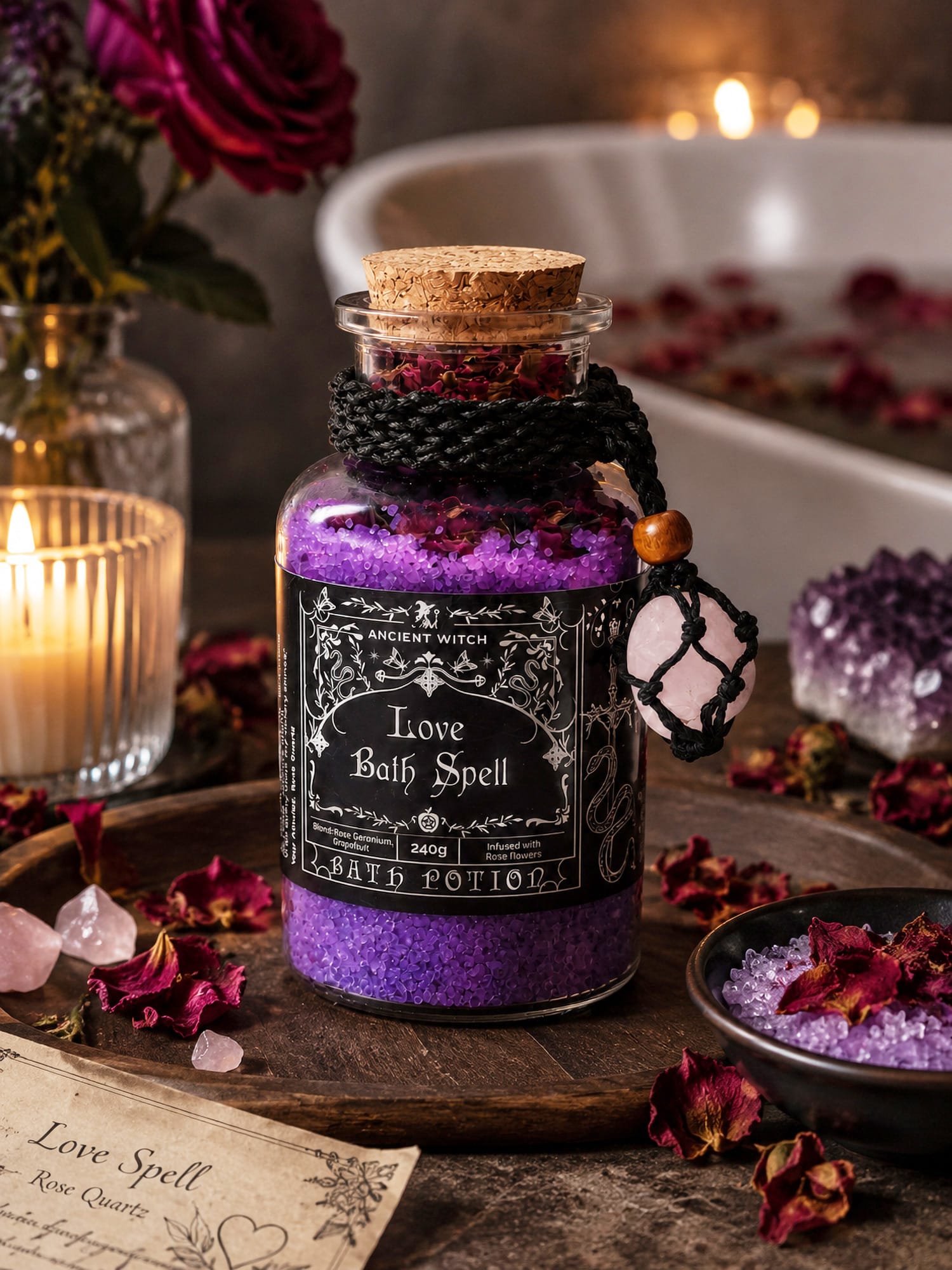 Love Bath Ritual jar with purple salts amid rose petals, rose quartz, candle and rose by a bathtub.