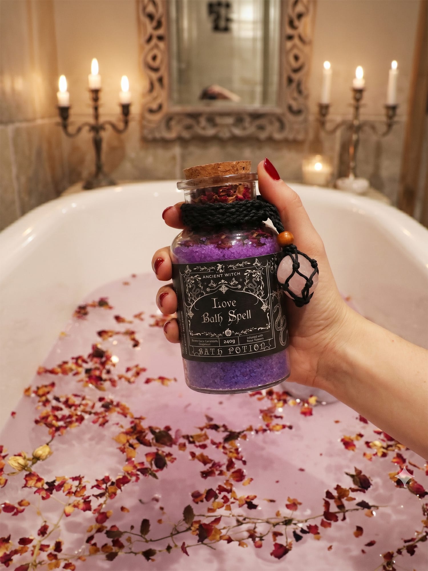 Hand holding Love Bath Ritual jar over rose petal-filled purple bath with candles and mirror behind.